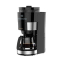 LePresso 1.2L 10-cup grinding coffee machine with warming base in black, front view showing carafe and bean hopper
