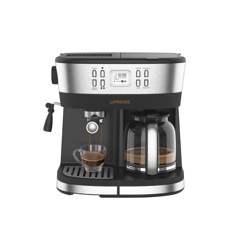LePresso dual brew drip coffee and espresso machine in black, front view showing carafe, espresso spout, and control panel
