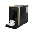 LePresso automatic espresso machine in black, front view showing control panel, bean box, and milk tank
