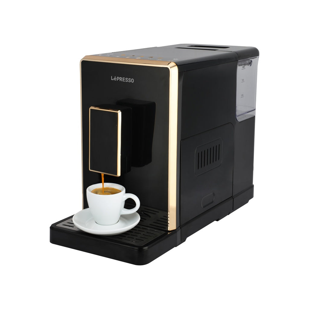 LePresso automatic espresso machine in black, front view showing control panel, bean box, and milk tank
