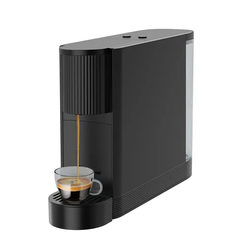 LePresso automatic capsule coffee maker in black, front view showing one-touch operation and capsule compartment
