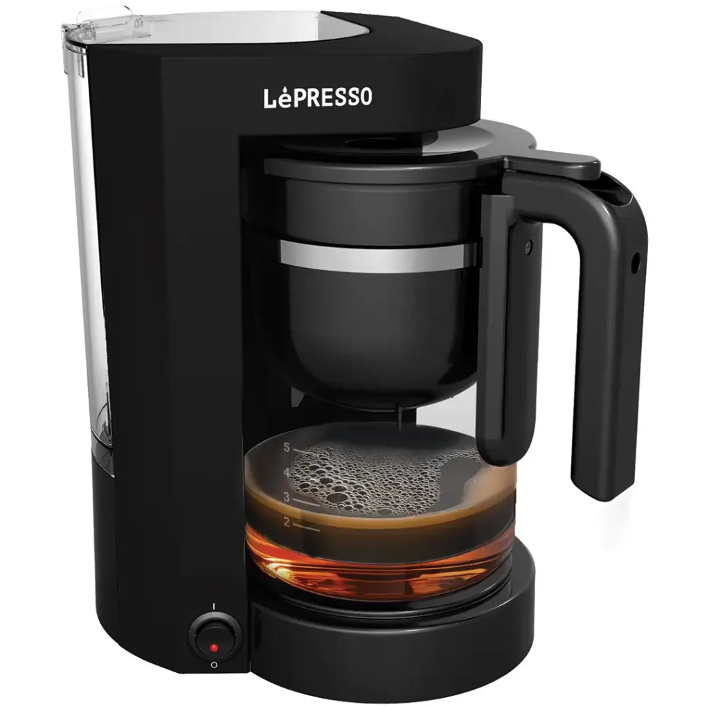 LePresso Duo Brew coffee and tea maker in black, front view showing heat-resistant glass carafe and control panel
