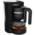 LePresso Duo Brew coffee and tea maker in black, front view showing heat-resistant glass carafe and control panel
