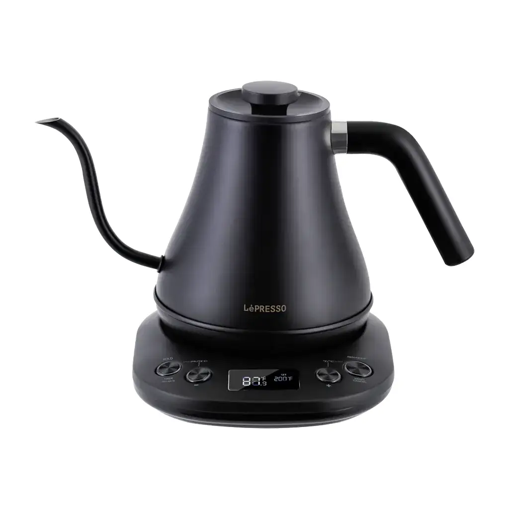 LePresso electric pour-over kettle in black with gooseneck spout and digital temperature display, front view
