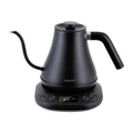 LePresso electric pour-over kettle in black with gooseneck spout and digital temperature display, front view

