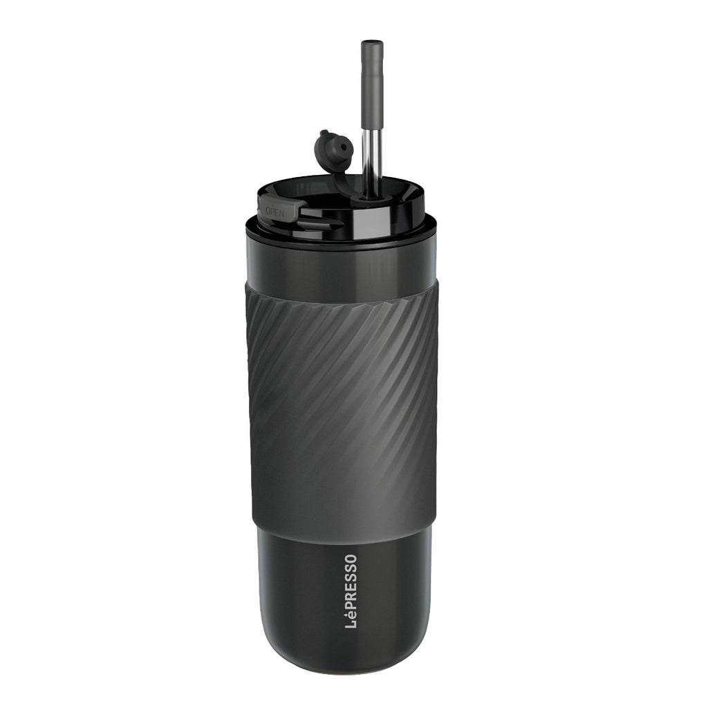 LePresso Thermal Tumbler with Infusion Filter shown in a sleek insulated design for hot and cold drinks
