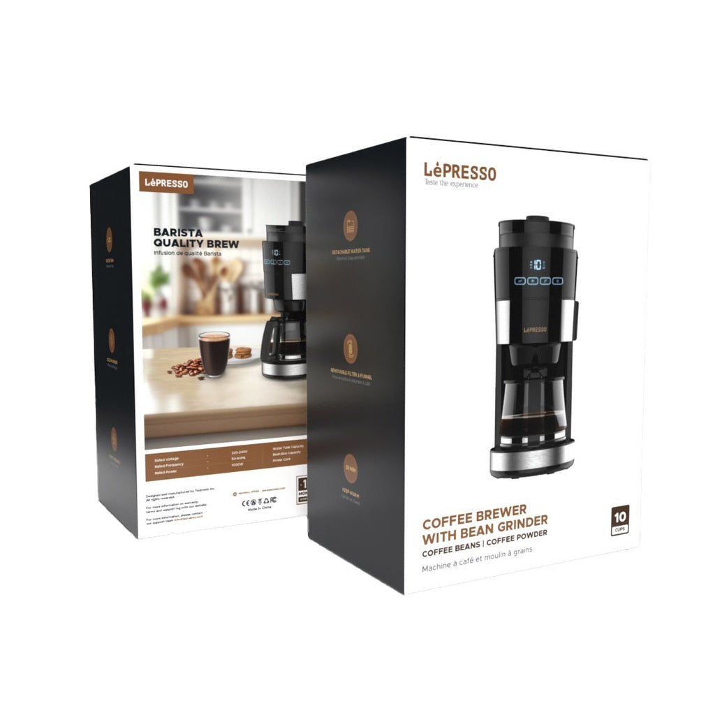 LePresso LP10GCMWB built-in grinder close-up with 160–250g bean box capacity for fresh ground coffee
