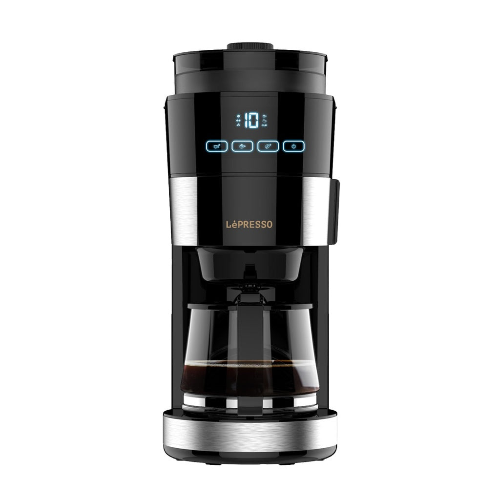 LePresso whole bean grinding coffee machine on kitchen countertop, black design with adjustable intensity settings
