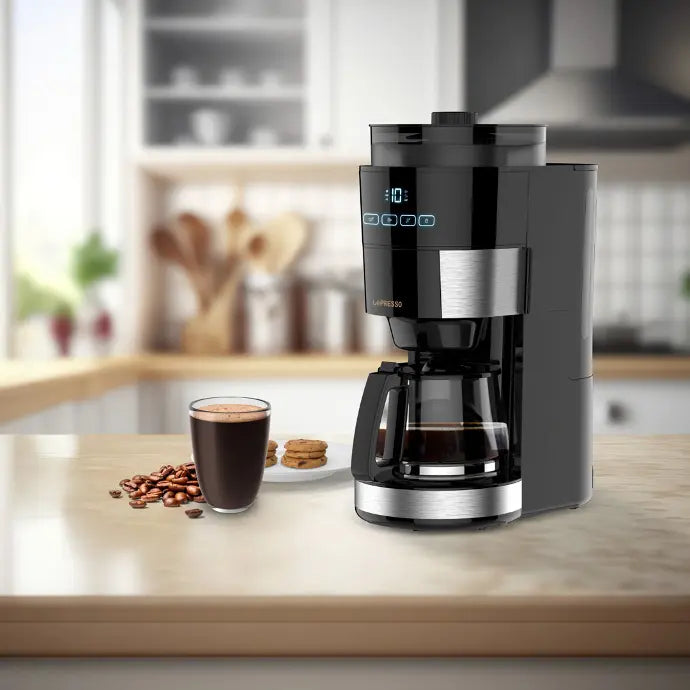 LePresso coffee maker warming base keeping freshly brewed carafe hot for up to 35 minutes
