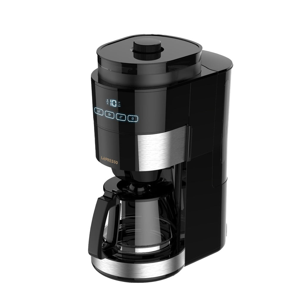 LePresso drip coffee machine brewing 10 cups with detachable 1.25L water tank and removable filter funnel
