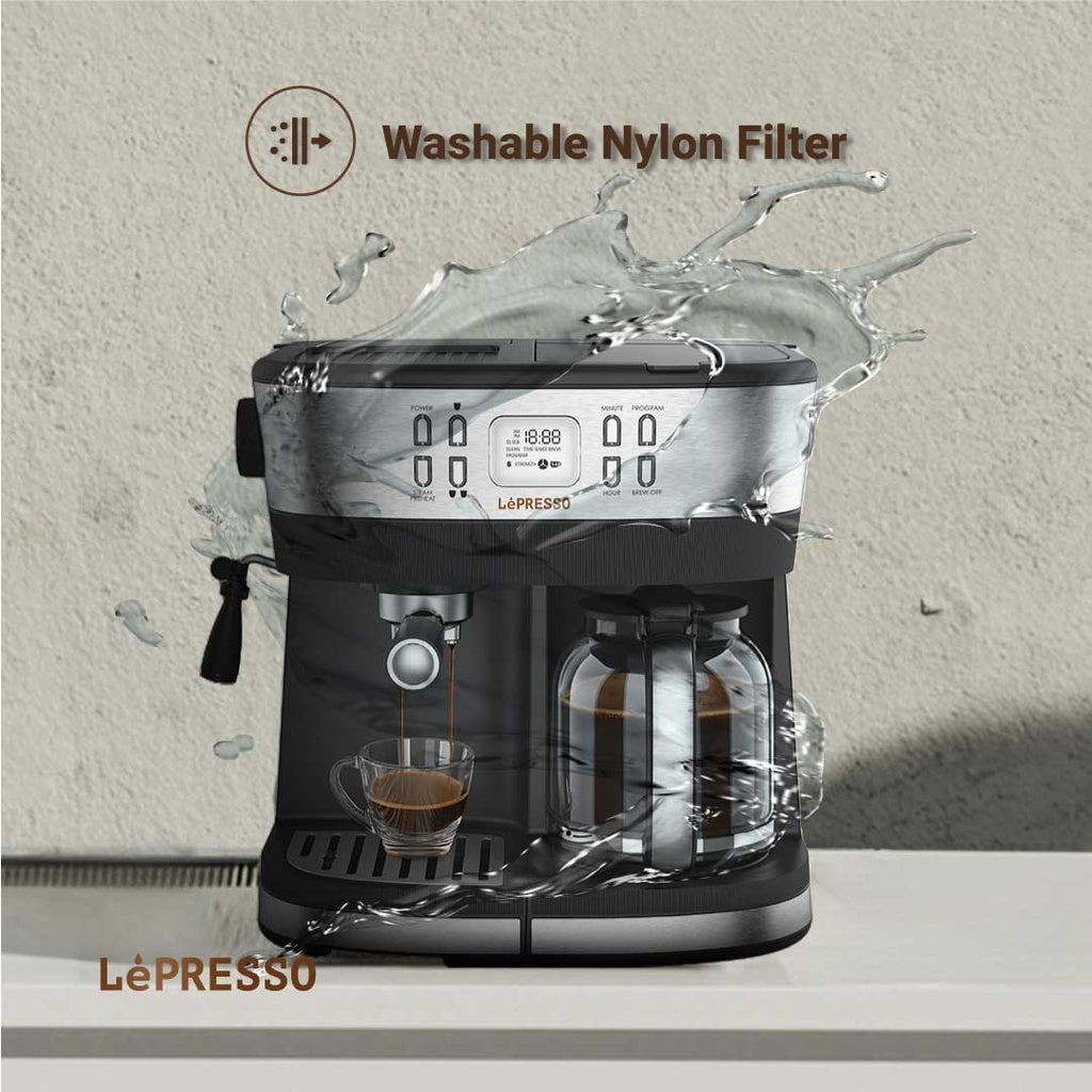LePresso LPCFFM0002-BK 20-bar espresso mode brewing a rich crema espresso shot into a small cup
