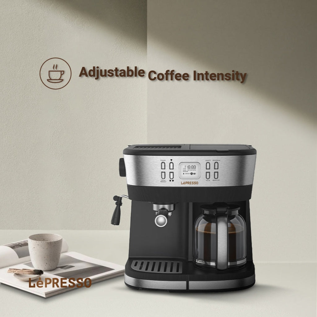 LePresso dual brew machine filling a 10-cup glass carafe with freshly brewed drip coffee
