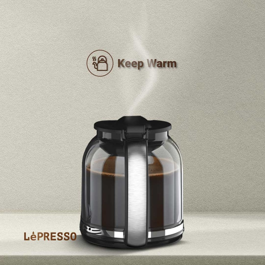 LePresso programmable coffee machine control panel showing intensity setting, timer, and keep-warm function at 82–88°C
