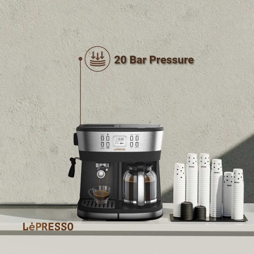 LePresso dual brew coffee maker with washable nylon filter on kitchen counter, sleek black design for home and office
