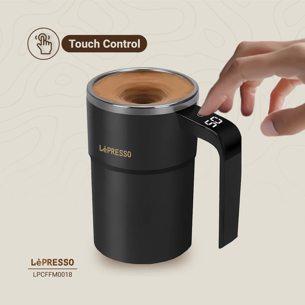 LePresso Stirmagic rechargeable mug with Type-C charging port, 304 stainless steel interior on office desk
