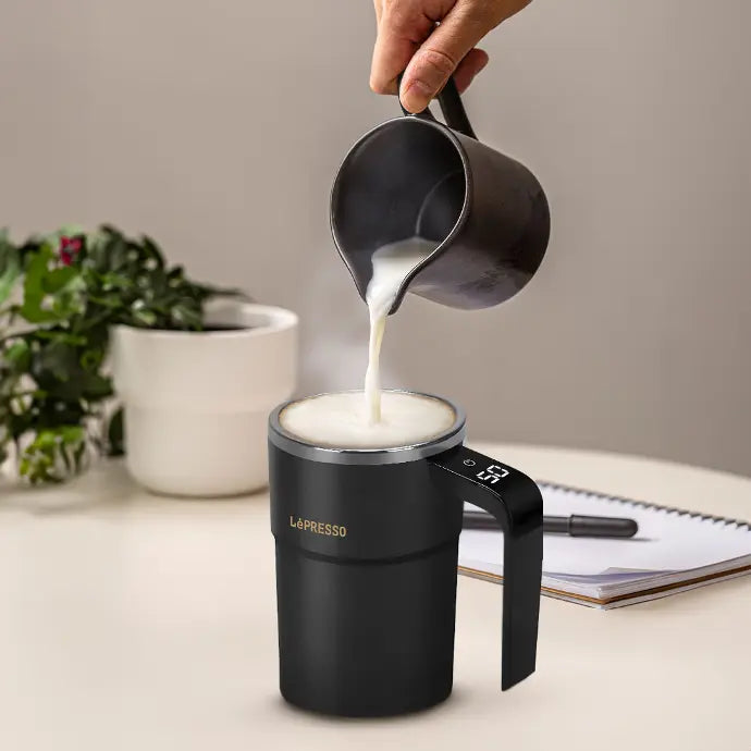 LePresso LPCFFM0018 magnetic self-stirring mug in action automatically mixing coffee with one-touch control
