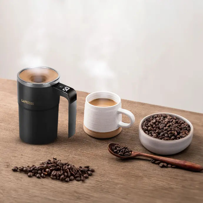 LePresso Stirmagic 380mL mug with detachable magnetic stirring rod removed for easy cleaning
