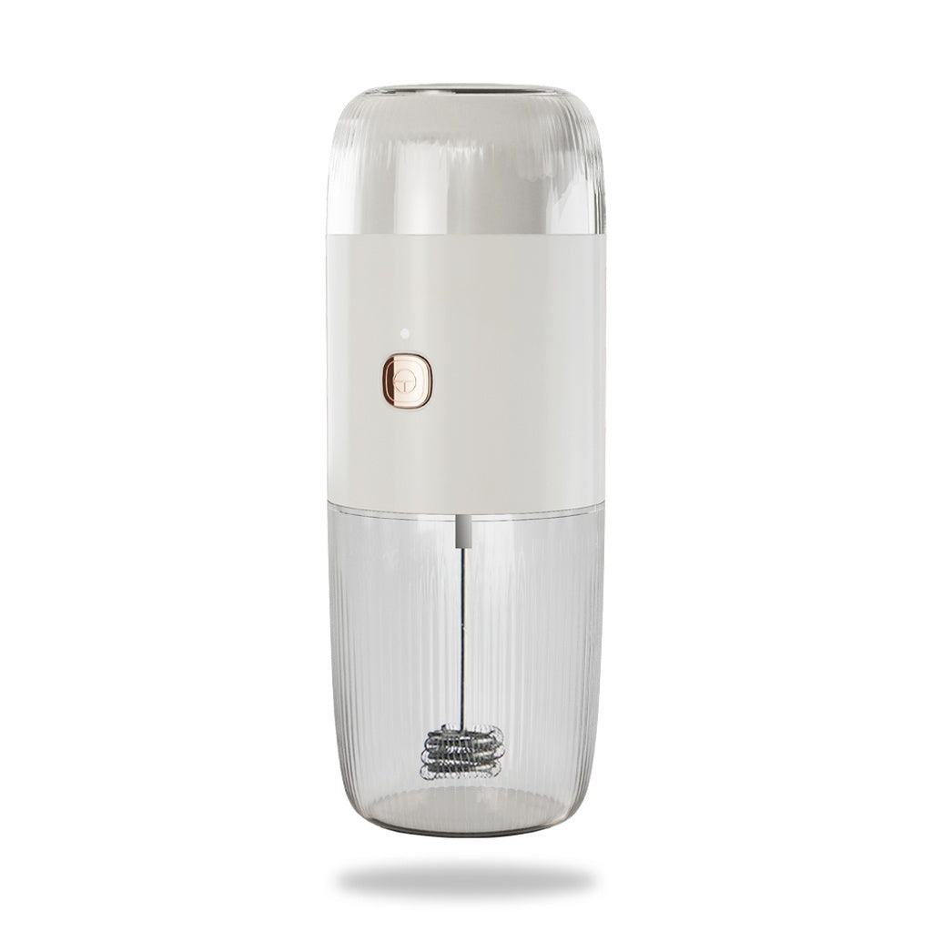 LePresso 2-in-1 coffee grinder and milk frother compact design on desk, ideal for travel and office use

