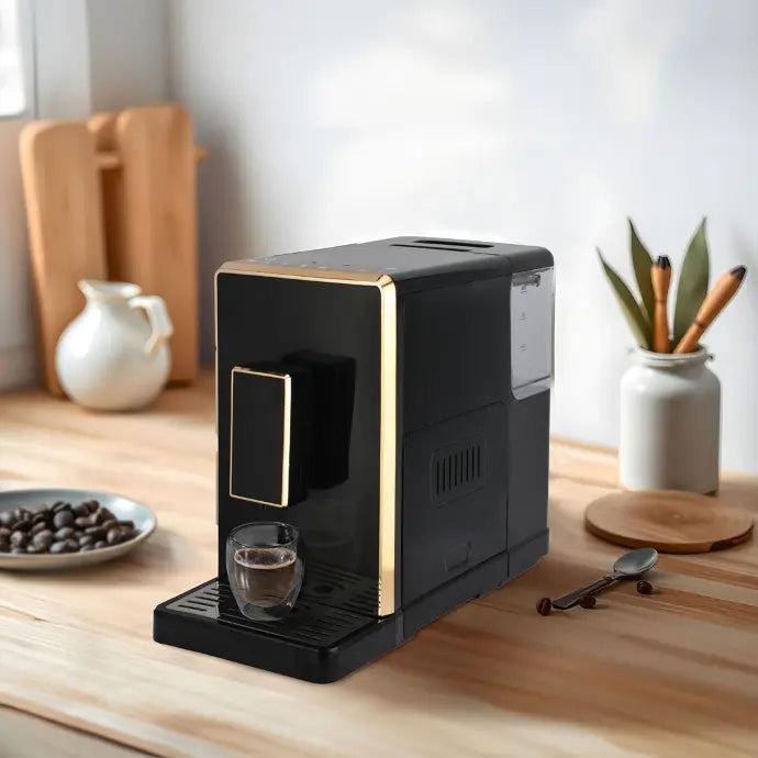 LePresso 1350W automatic espresso machine with auto-clean cycle on kitchen counter, sleek black design

