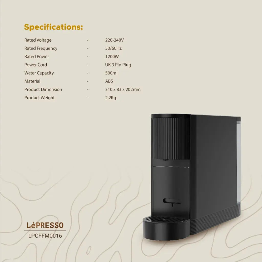 LePresso 20-bar pump capsule coffee maker close-up showing 500mL water tank and compact ABS body
