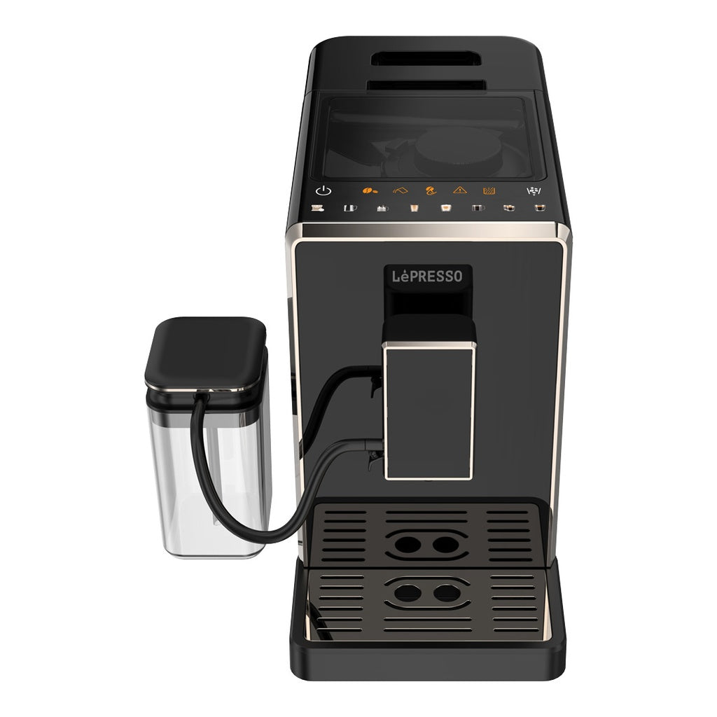 LePresso LPCFFM0003-BK built-in adjustable grinder grinding fresh coffee beans into portafilter
