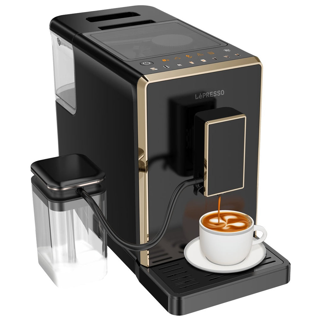 LePresso espresso machine hot water dispenser in use alongside 1.5L water tank and 200g bean box
