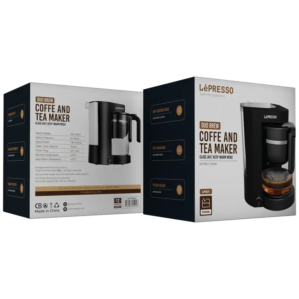 LePresso coffee and tea maker heat-resistant glass carafe filled with freshly brewed tea on kitchen counter
