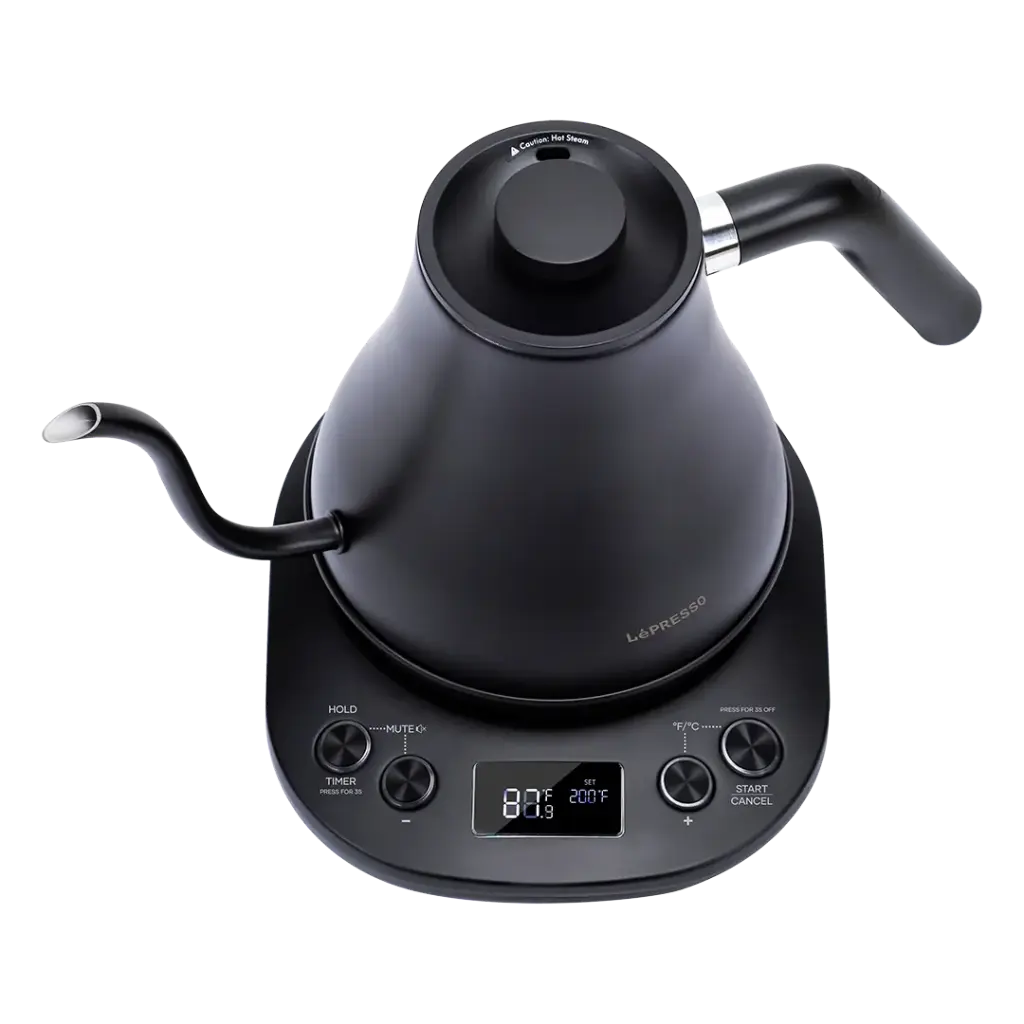 LePresso LPCFFM0033 gooseneck kettle pouring hot water over pour-over coffee dripper with precision control
