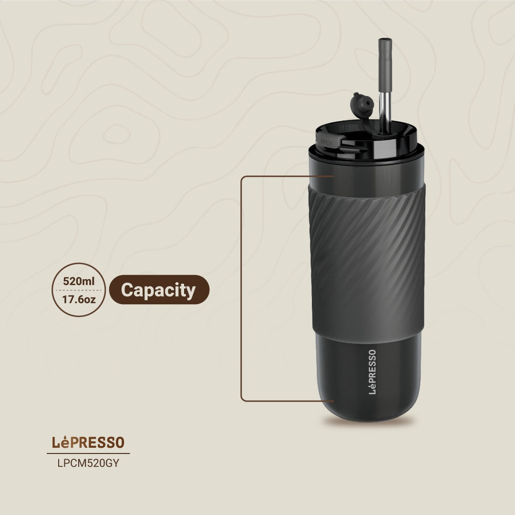 Portable LePresso insulated tumbler placed on a clean surface ideal for travel and office use

