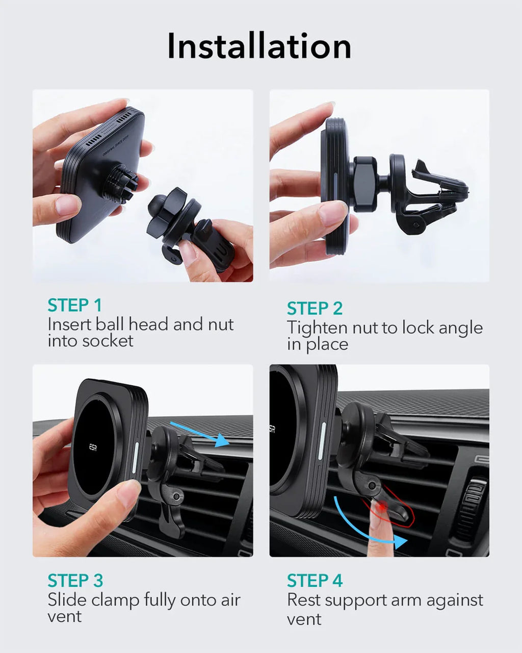 ESR HaloLock car charger mounted on air vent with iPhone