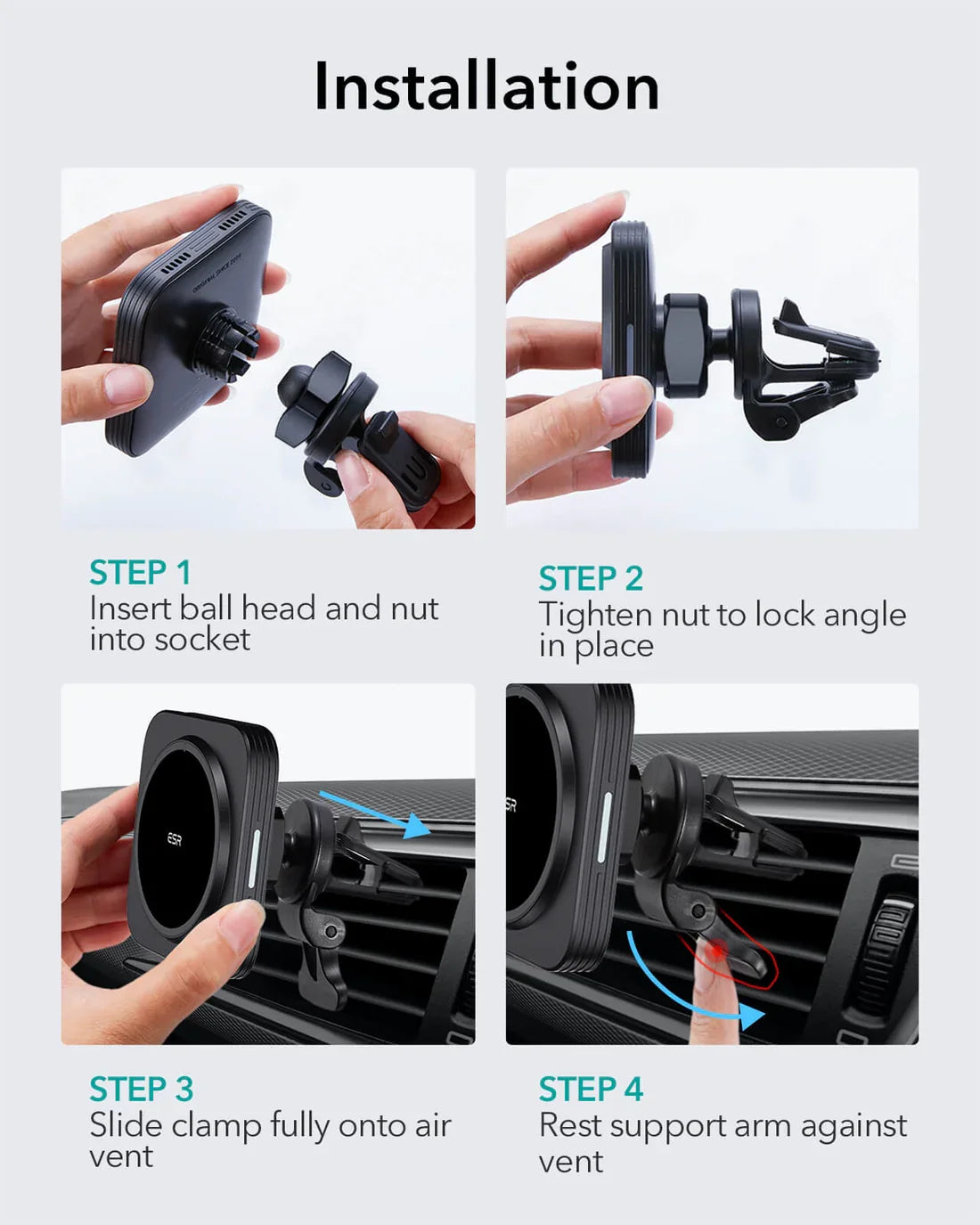 ESR HaloLock car charger mounted on air vent with iPhone