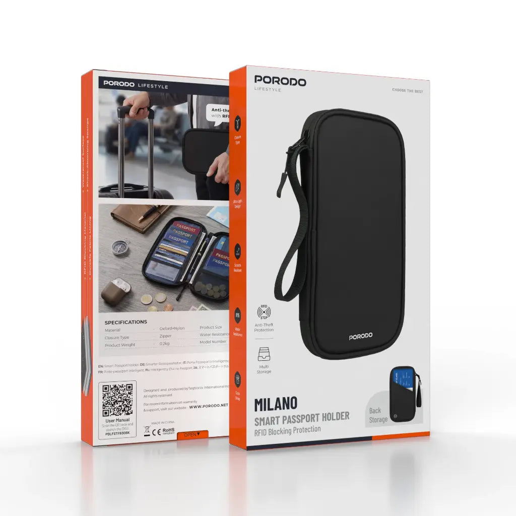 Porodo Milano Passport Holder Black – Waterproof 900D Oxford