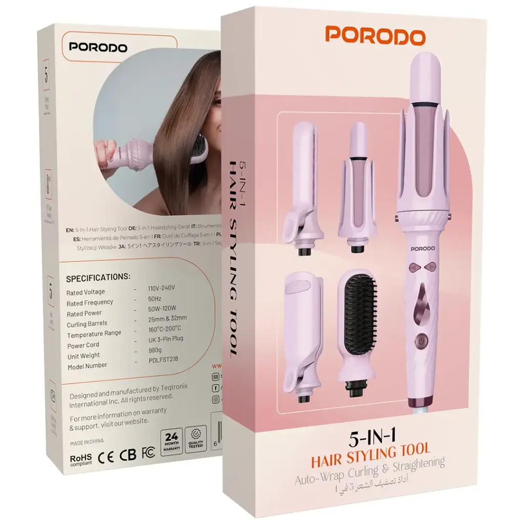 Porodo 5-in-1 hair styling tool in pink – auto-wrap curling