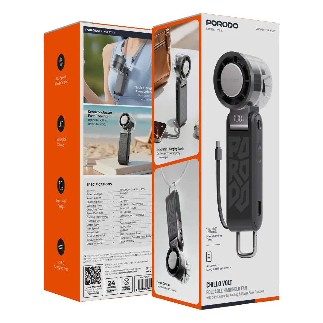 Porodo Chillo Volt Handheld Fan Black – Power Bank Function