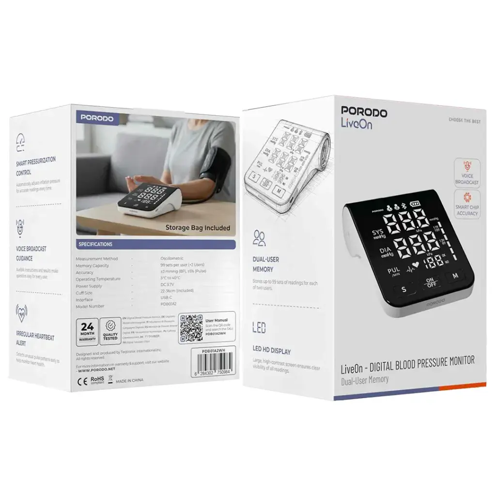 Porodo LiveOn BP monitor with LCD display and memory function
