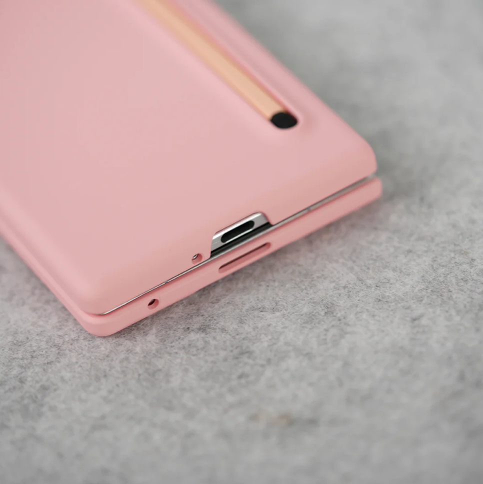Pink silicone Z Fold 7 case hinge cutout detail