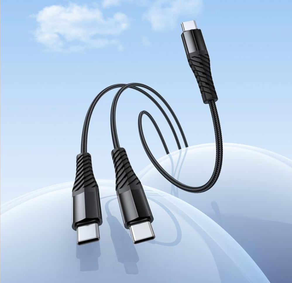 HOCO X123 2-in-1 USB-C cable charging two devices simultaneously.
