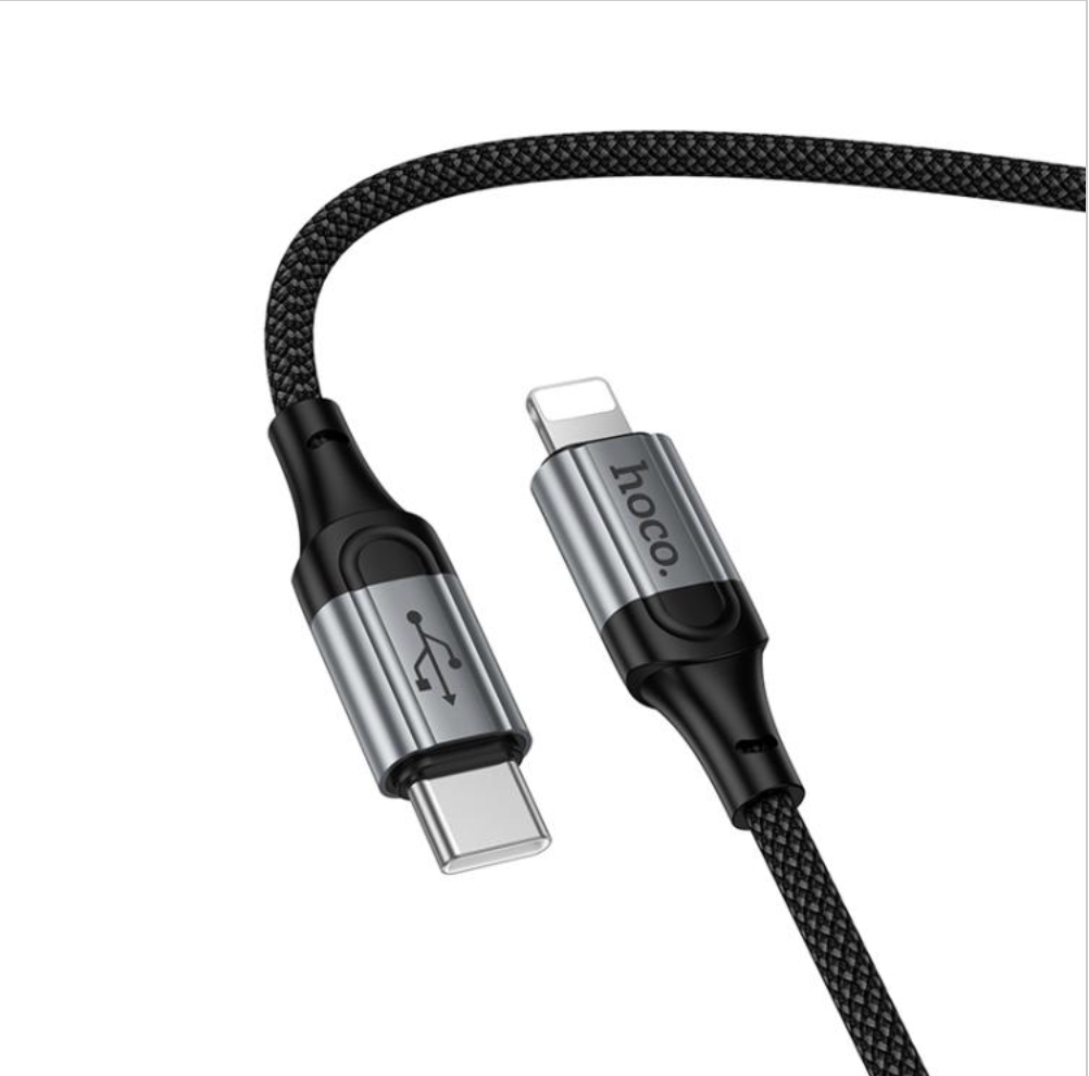 Hoco X121 spring braided Lightning cable plugged into iPhone charging with PD 27W fast charge
