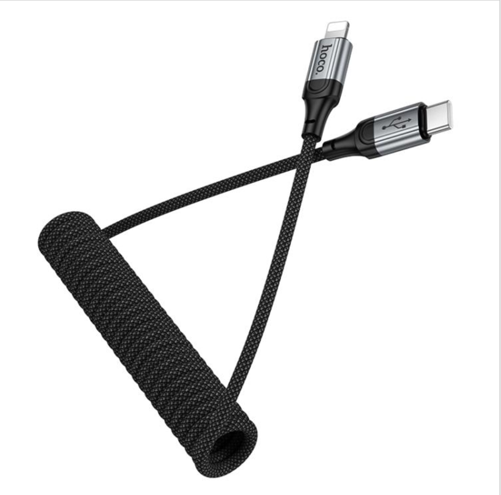 Hoco X121 Nuevo USB-C to Lightning cable 1.5m in black with spring braided design, full length view
