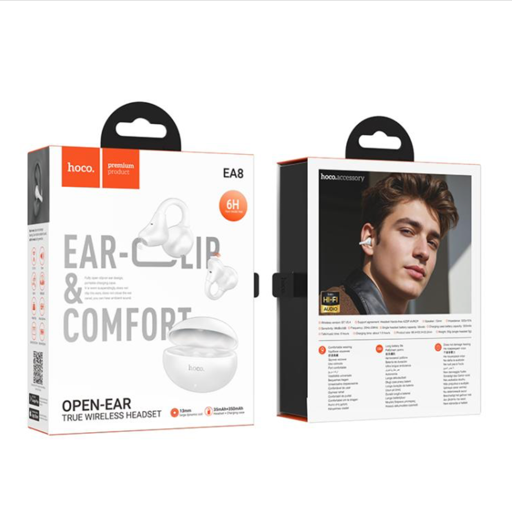 Hoco EA8 earbuds side clip ergonomic fit on ear
