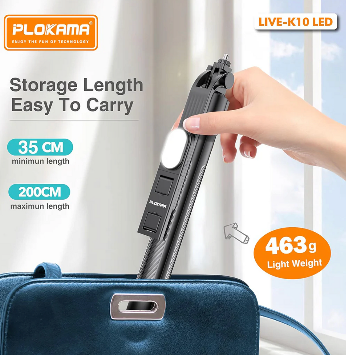 LED Selfie Stick Portable Tripod 200cm Plokama Live K10 Pro