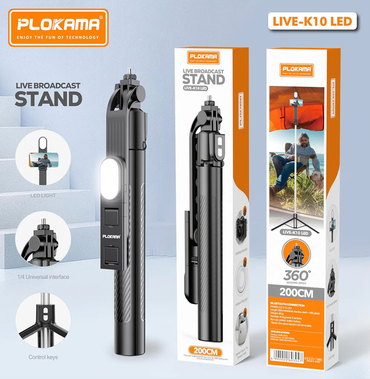 LED Selfie Stick Portable Tripod 200cm Plokama Live K10 Pro