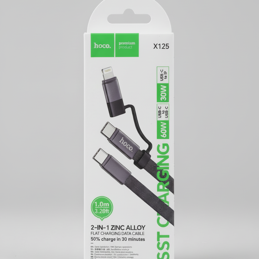 HOCO X125 Exceso 2-in-1 flat charging cable USB-C to USB-C 60W and Lightning 30W Black