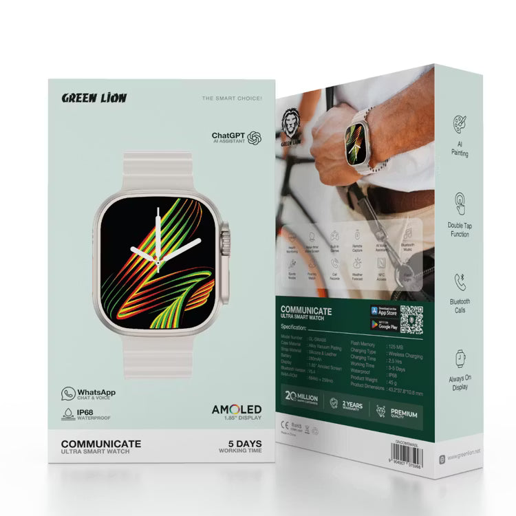 Green Lion Communicate Ultra Smart Watch – 1.85 DISPLAY AMOLED Display, Bluetooth 5.0, Wireless Charging