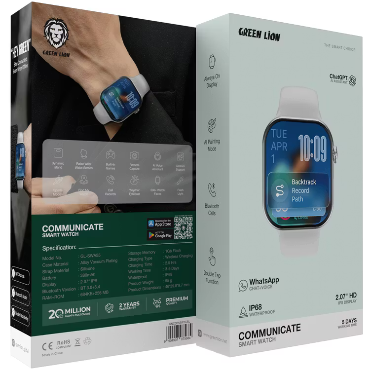 Green Lion Communicate 46mm smartwatch front view AMOLED