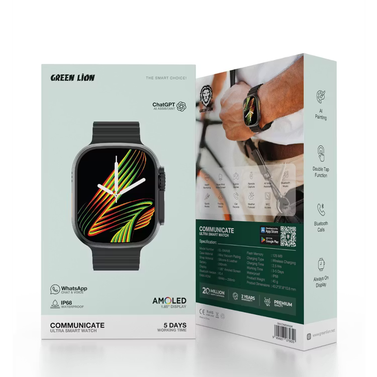 Green Lion Communicate Ultra Smart Watch – 1.85 DISPLAY AMOLED Display, Bluetooth 5.0, Wireless Charging
