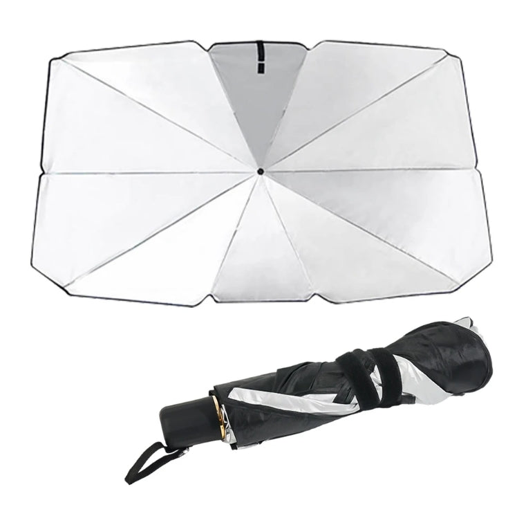 Car windshield sun shade showing quick open-and-fold umbrella design