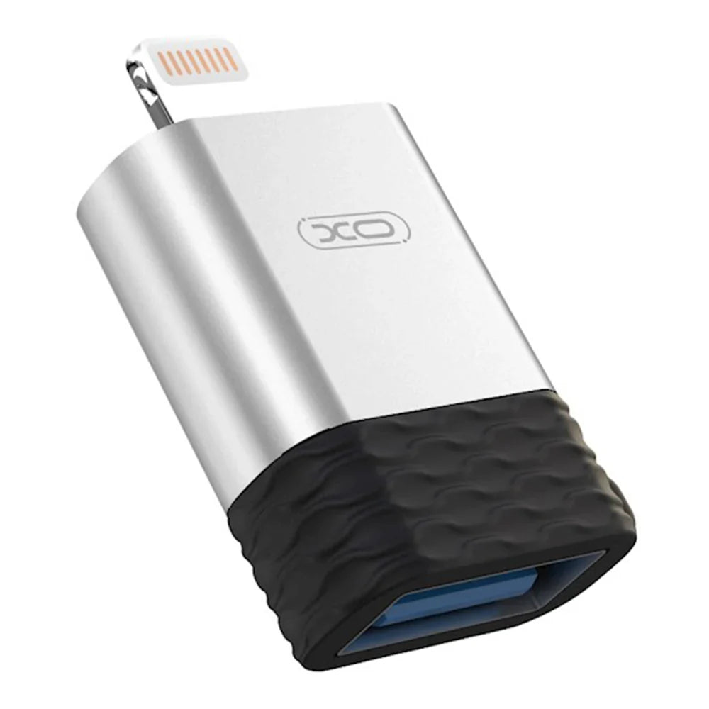 XO NB186 Lightning to USB-A adapter front view silver