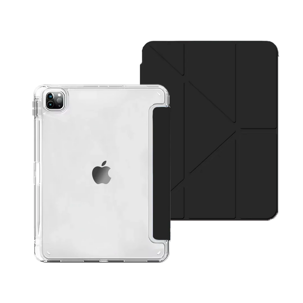 Smart tri-fold iPad case transparent back open stand mode