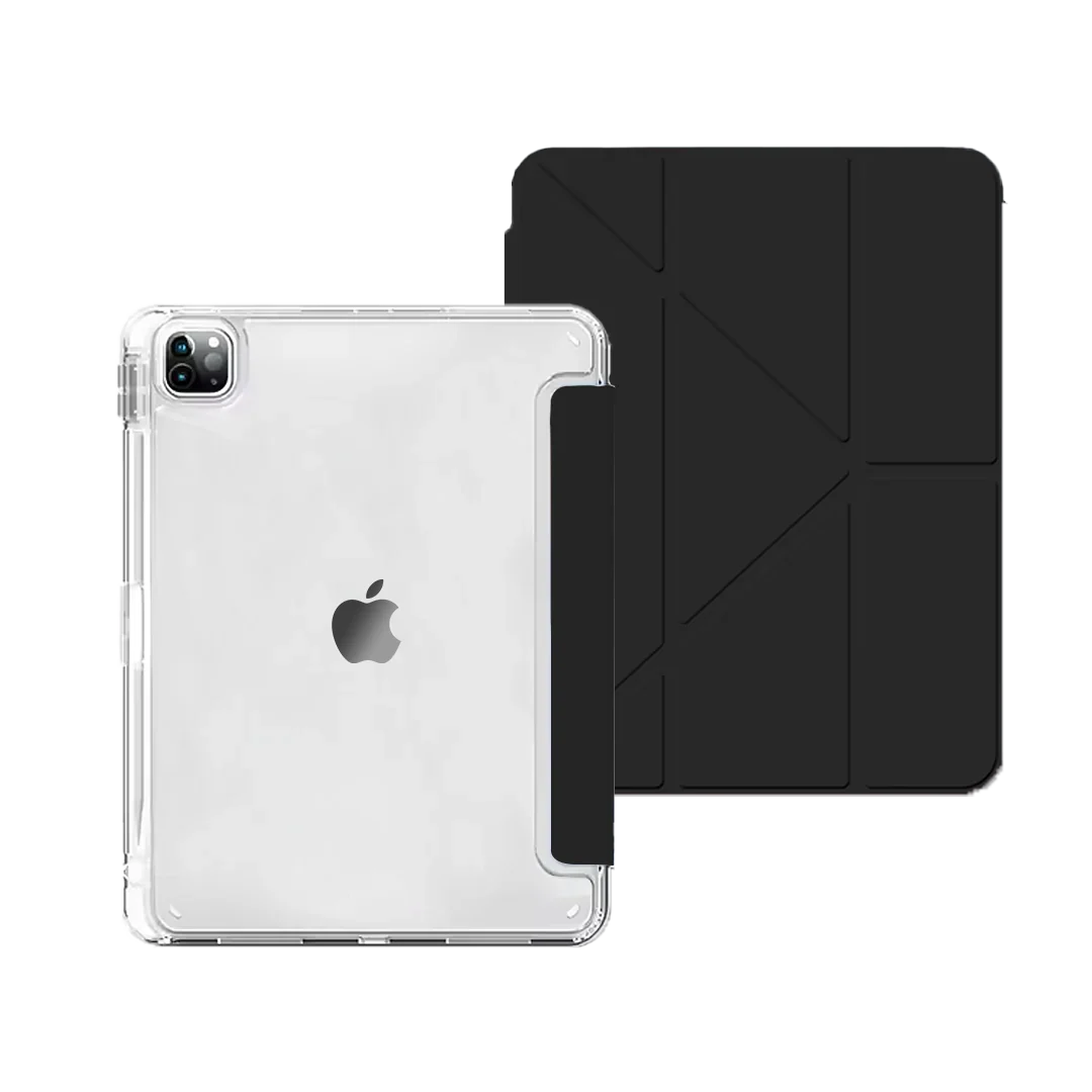 Smart tri-fold iPad case transparent back open stand mode